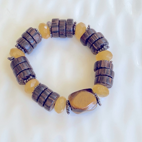 Silpada Palm Wood, Yellow Jaspers and Tigers Eye Stretch Bracelet. Rare Find - Picture 1 of 5
